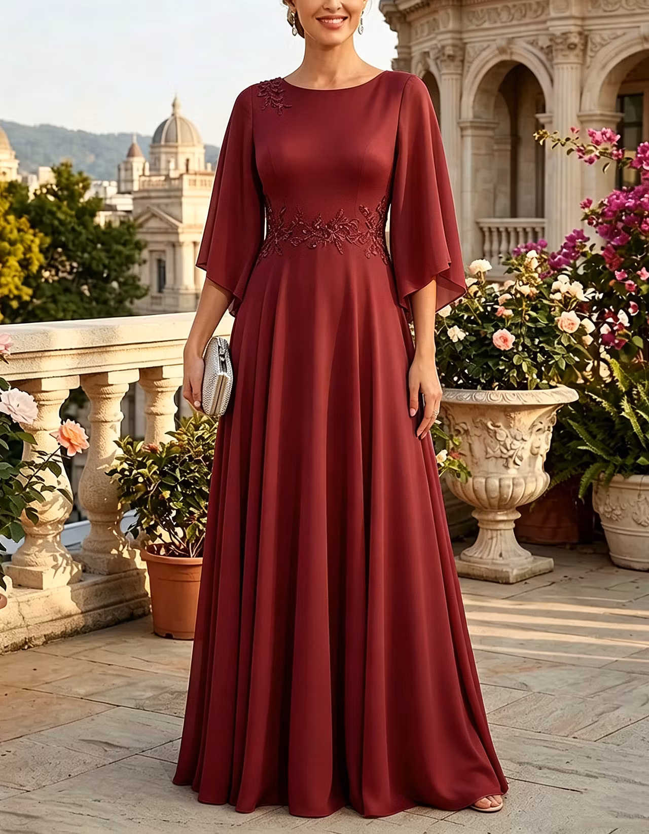 Light Blue Round Neck Chiffon A-Line Maxi Dress