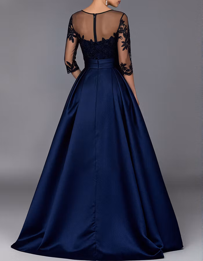 Navy Blue Illusion Neck 3/4 Lace Sleeve Satin A‑Line Maxi Dress