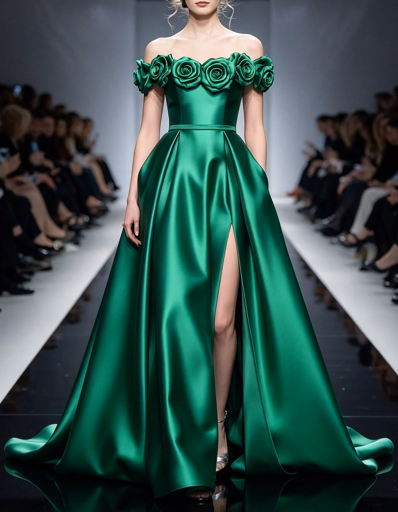 Off Shoulder 3D Floral Satin A-Line Slit Long Evening Maxi Dress