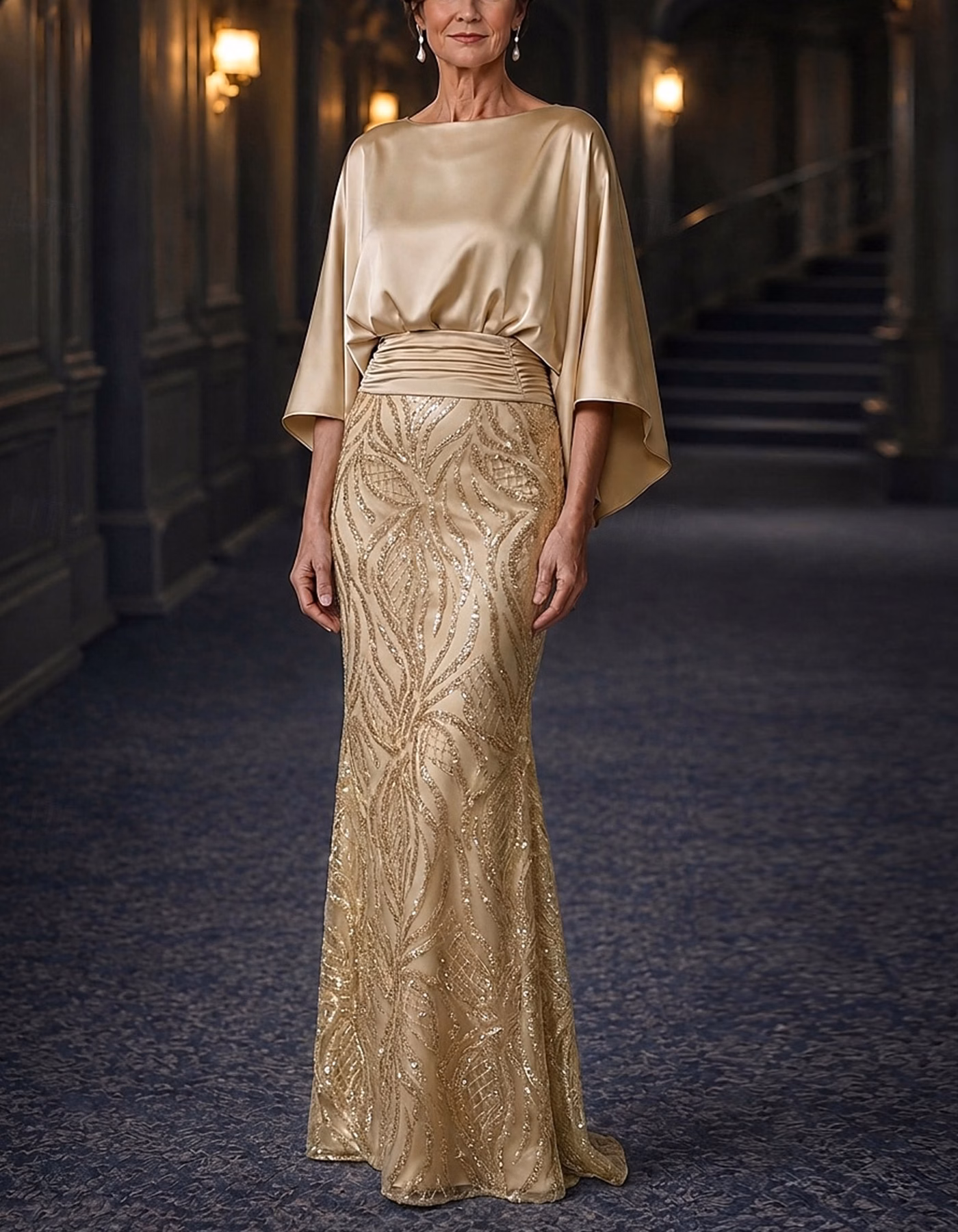 Solid Color Colored Round Neck Sequined Piece Maxi Dress