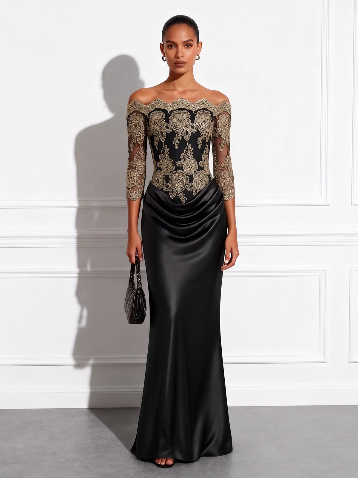 Black Lace Ruched Off The Shoulder Drop-waist Long Sleeve Mermaid Gown Dress
