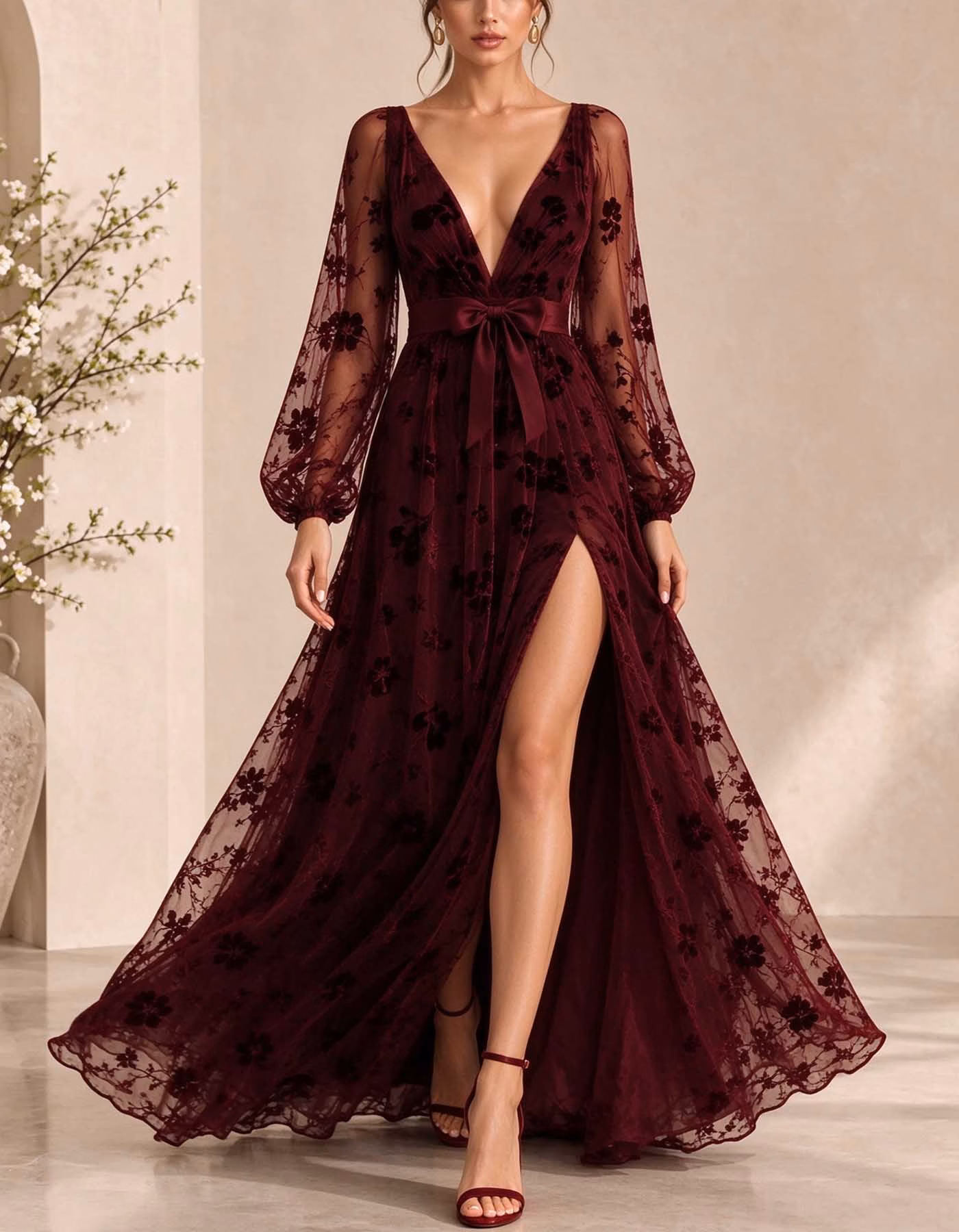 Burgundy Floral Tulle V-Neck Puff Sleeve Slit Maxi Dress