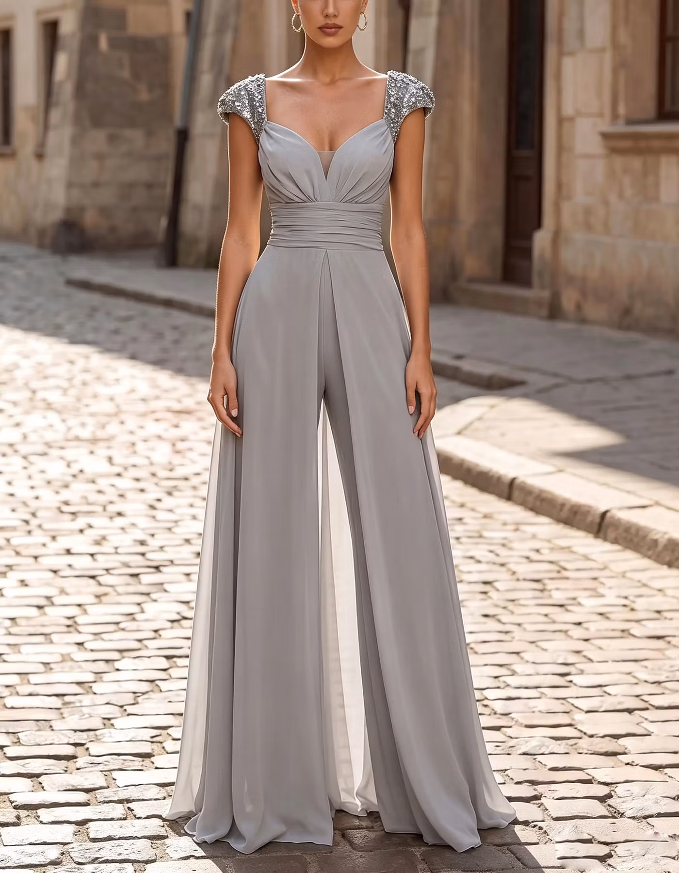 Grey Sequined Chiffon Jumpsuit