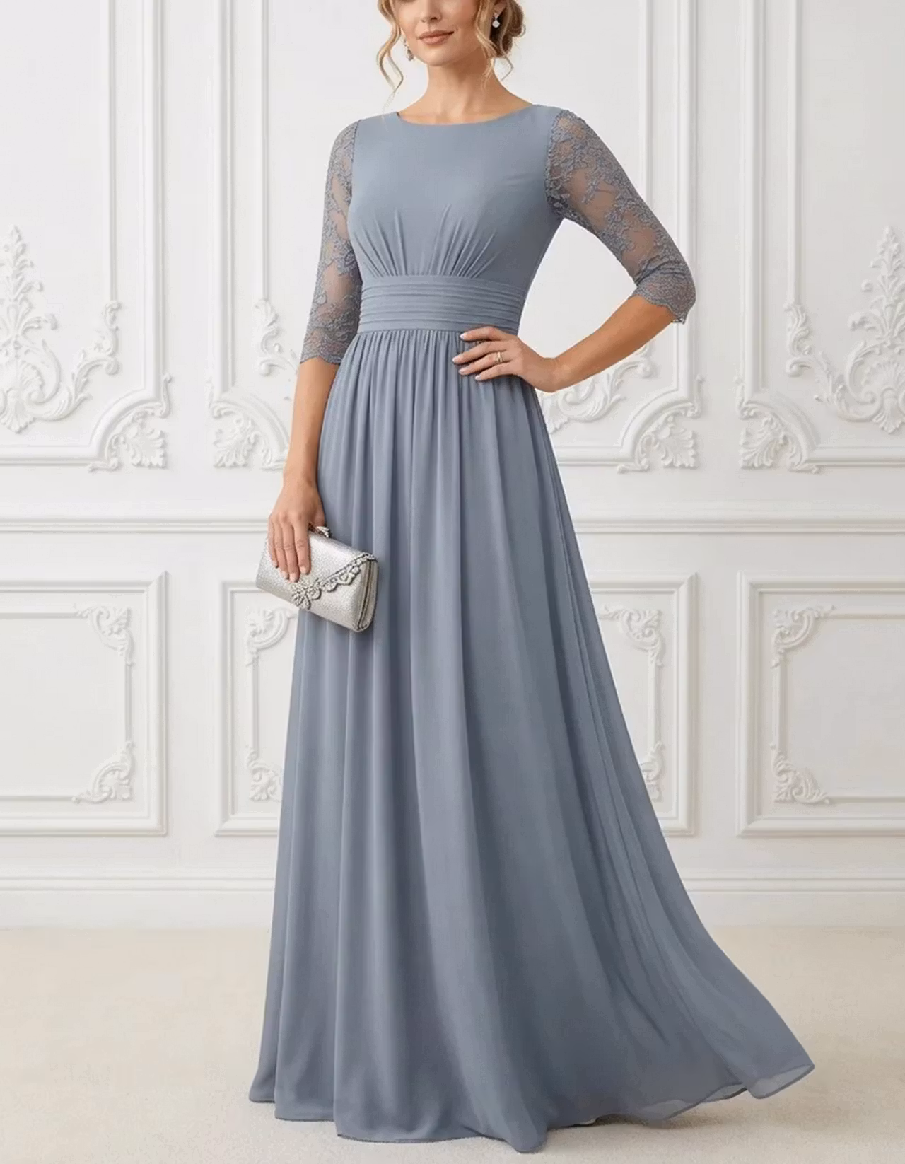 Chiffon Round Neck Sheer Lace 3/4 Sleeve Maxi Dress