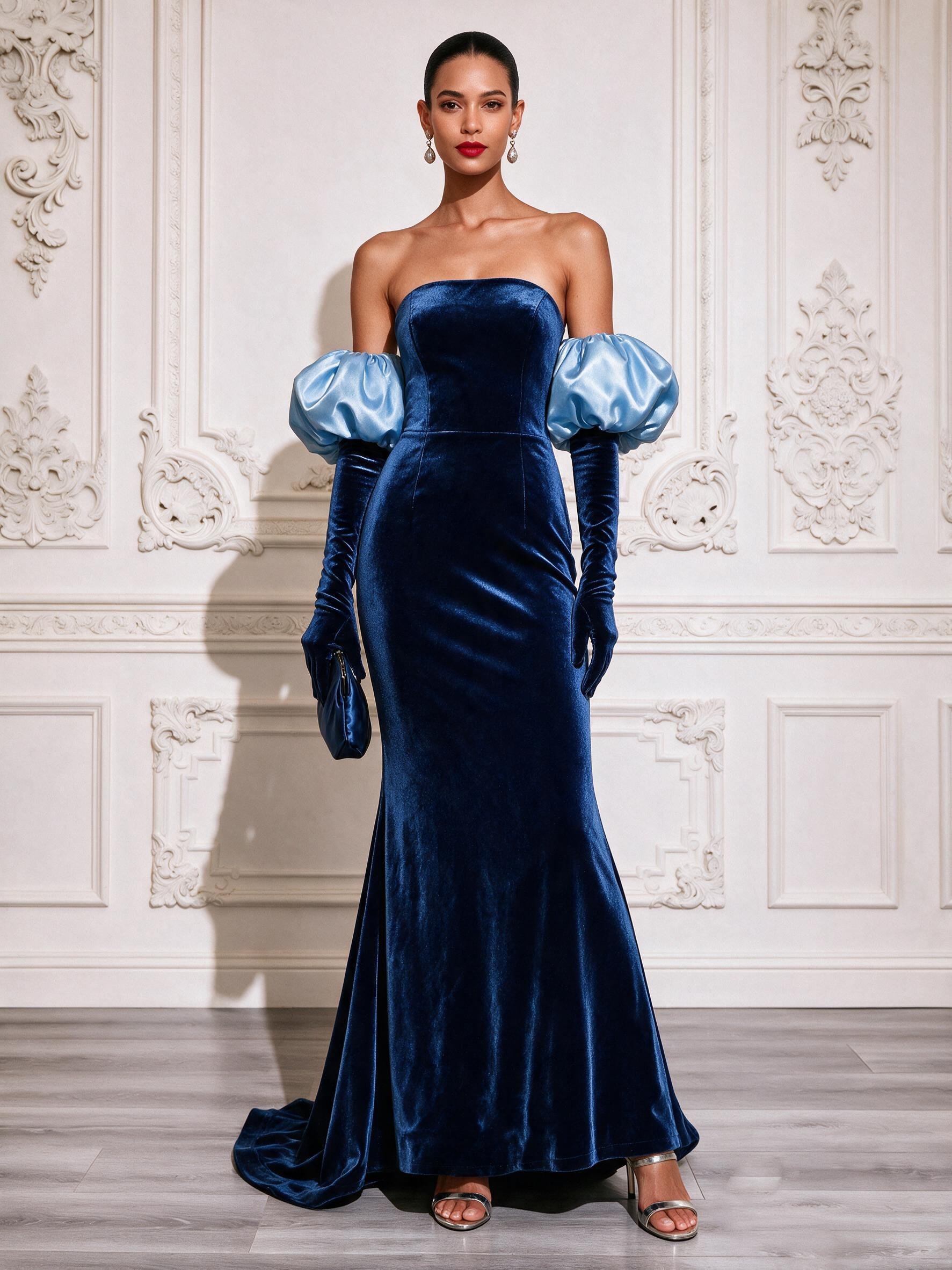 Purplish Blue Velvet Strapless Sleeveless Mermaid Gown Dress