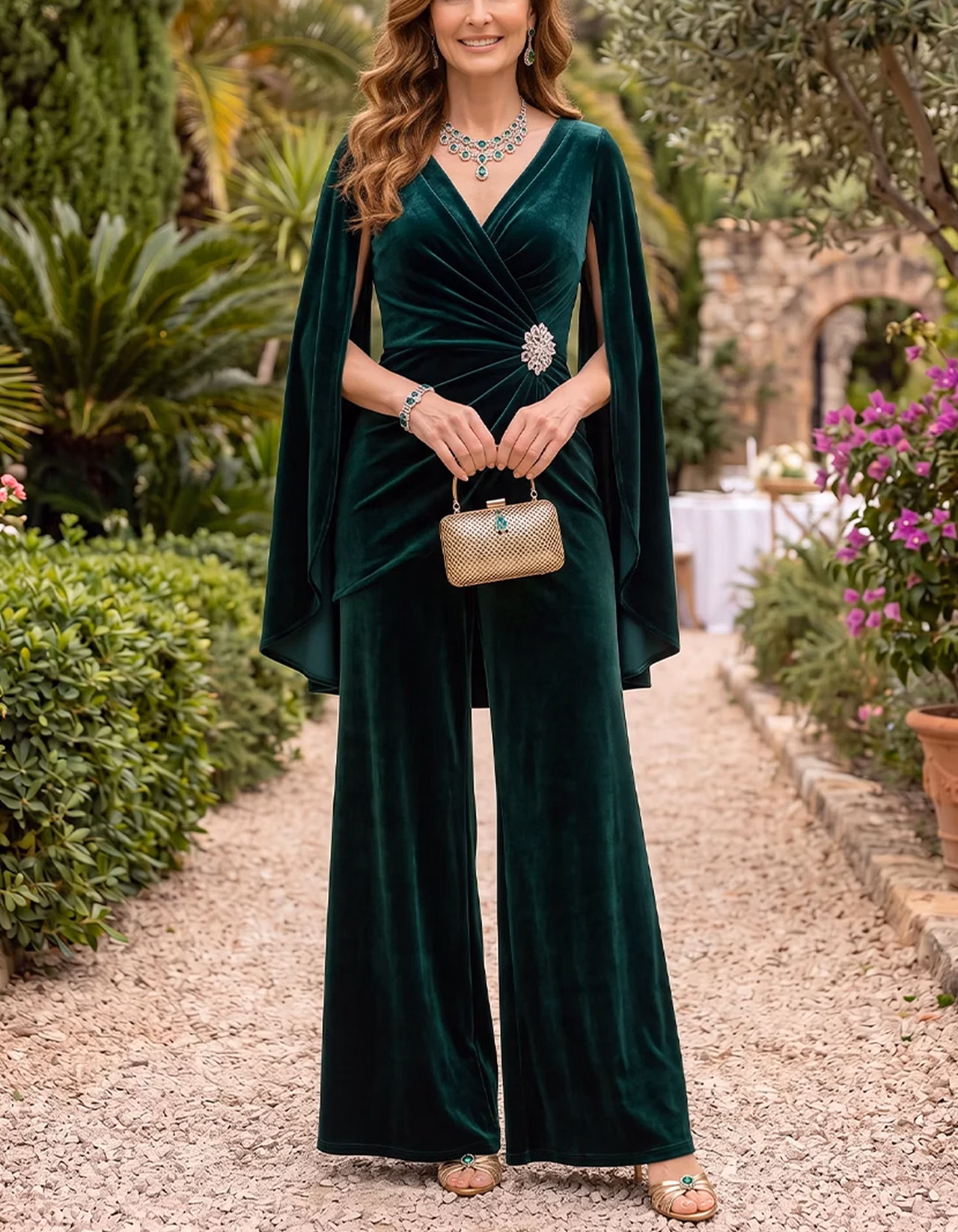 Velvet V-Neck Cape Sleeve Wide Leg Jumpsuit