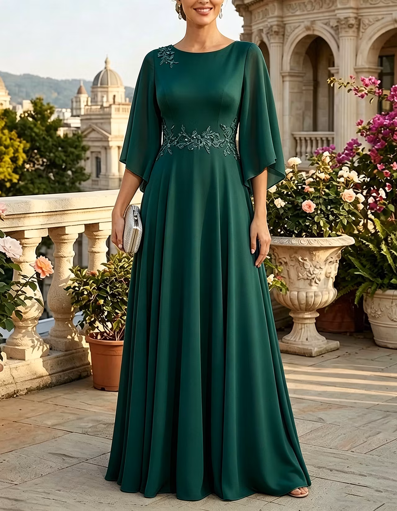 Light Blue Round Neck Chiffon A-Line Maxi Dress