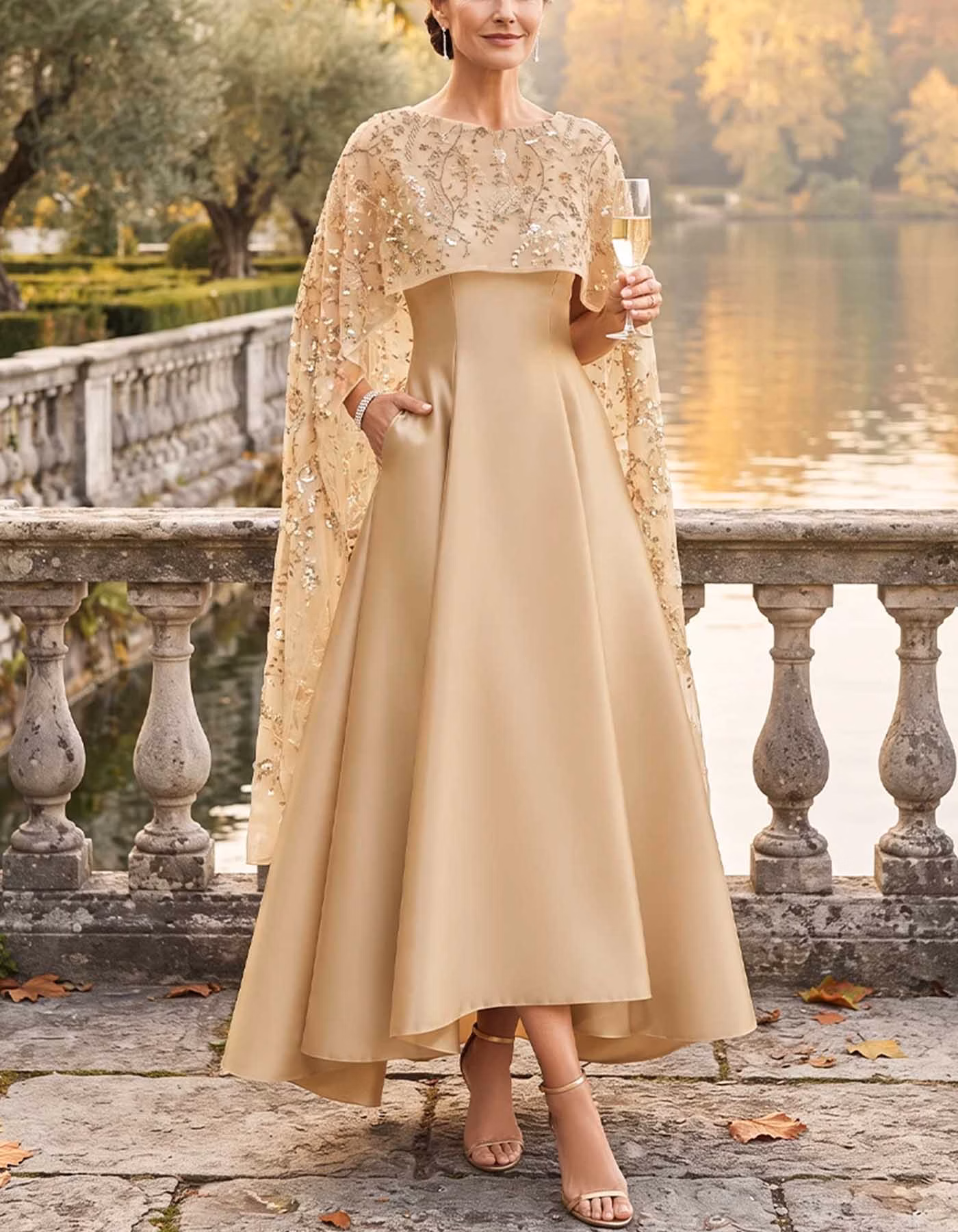 Champagne Satin Sequin Capelet Maxi Dress