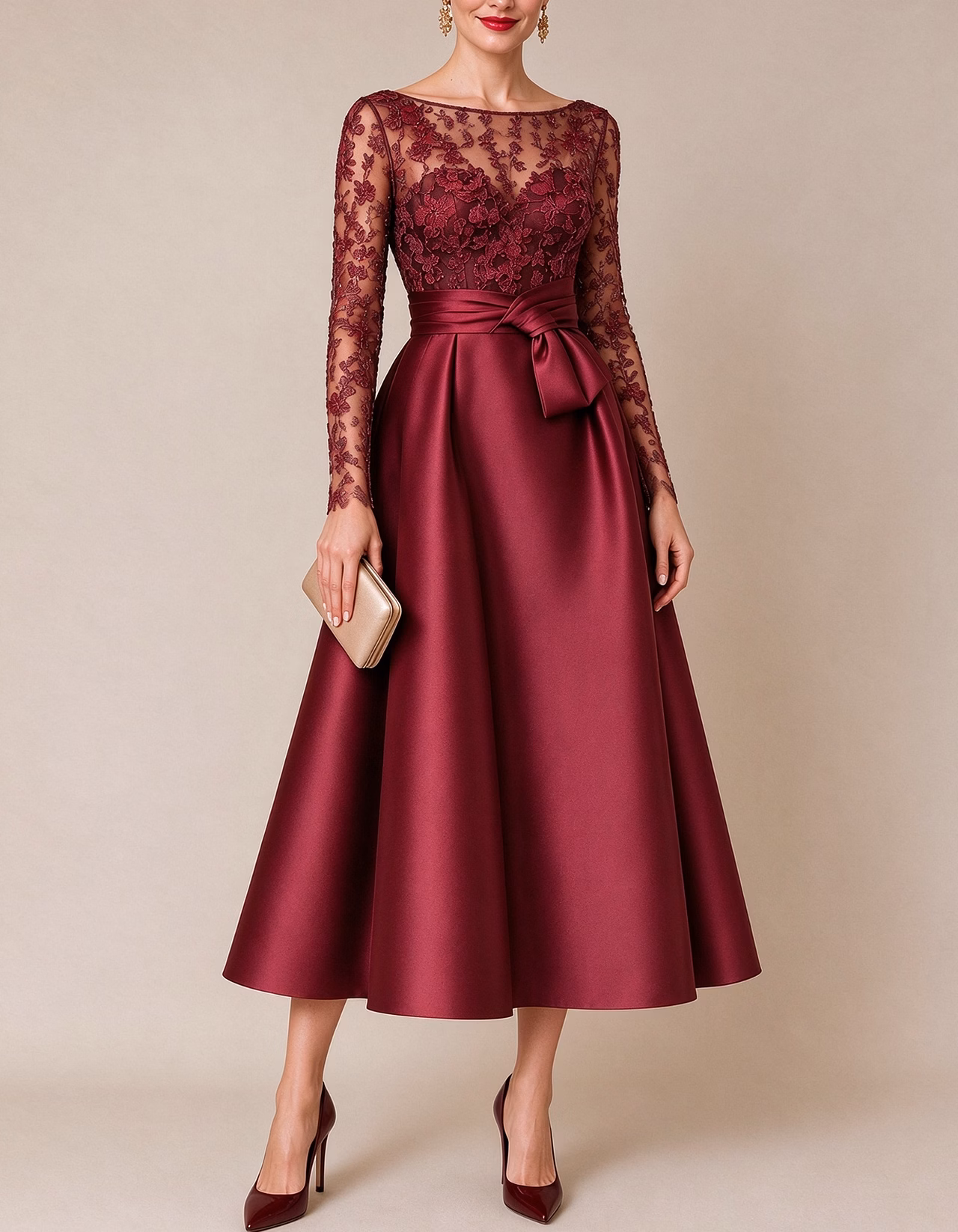 Floral Lace Illusion Boat Neck Satin Midi Dress