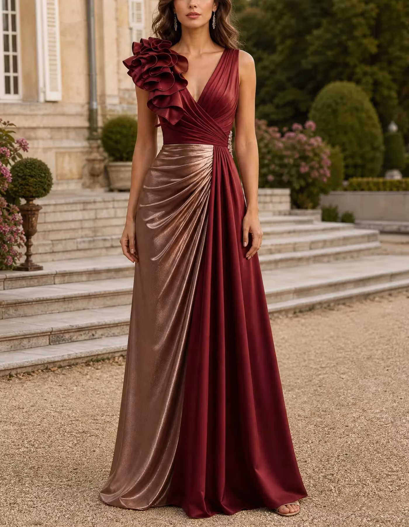 Burgundy Color Block Satin V-Neck Sleeveless Maxi Dress