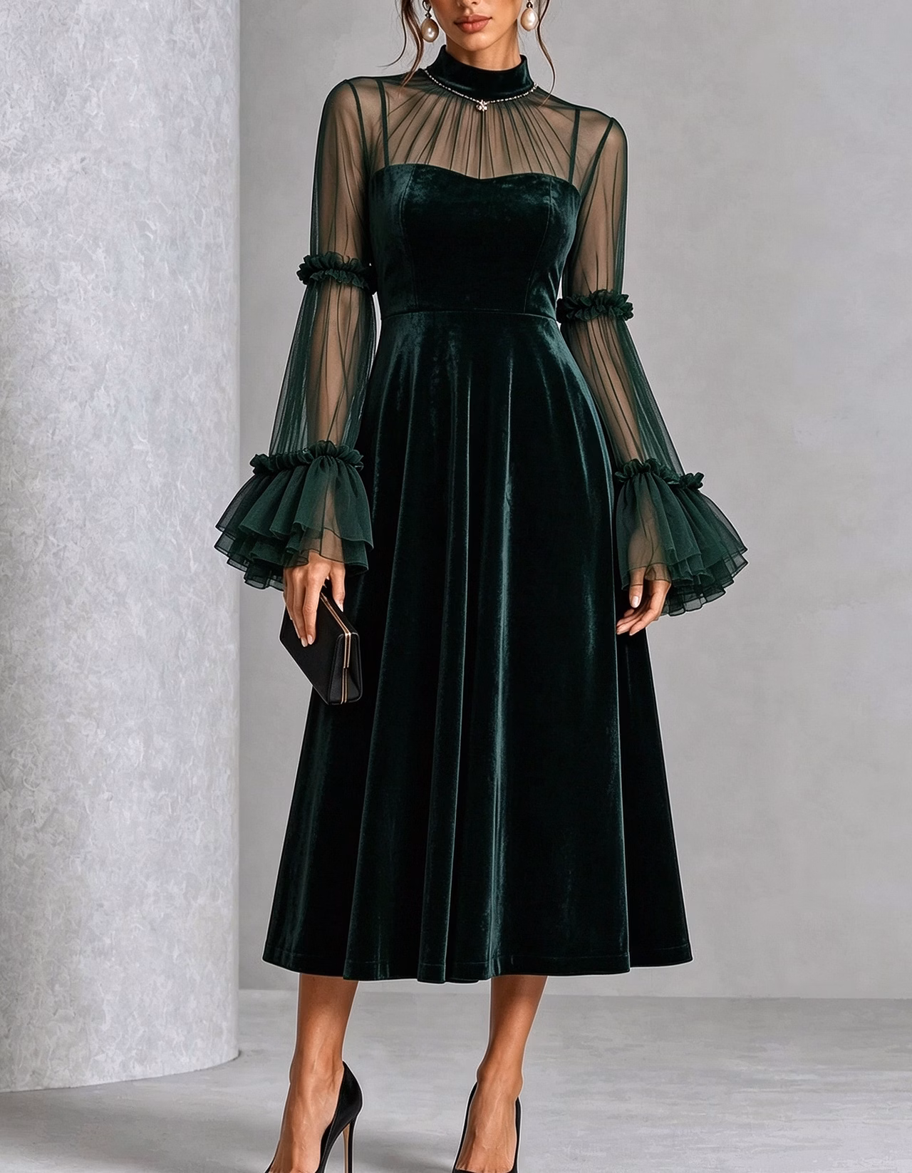 Velvet Sheer Ruffle Bell Sleeve Midi Dress