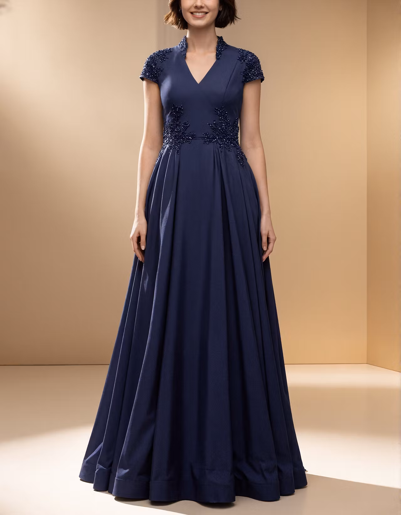 Dark Blue Satin With A Stand Up Collar Maxi Dress