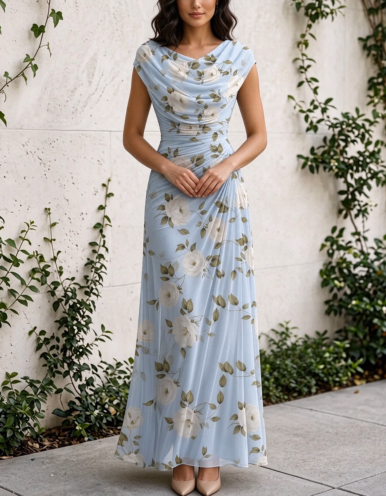 Light Blue Floral Chiffon Cowl Neck Cap Sleeve Maxi Dress
