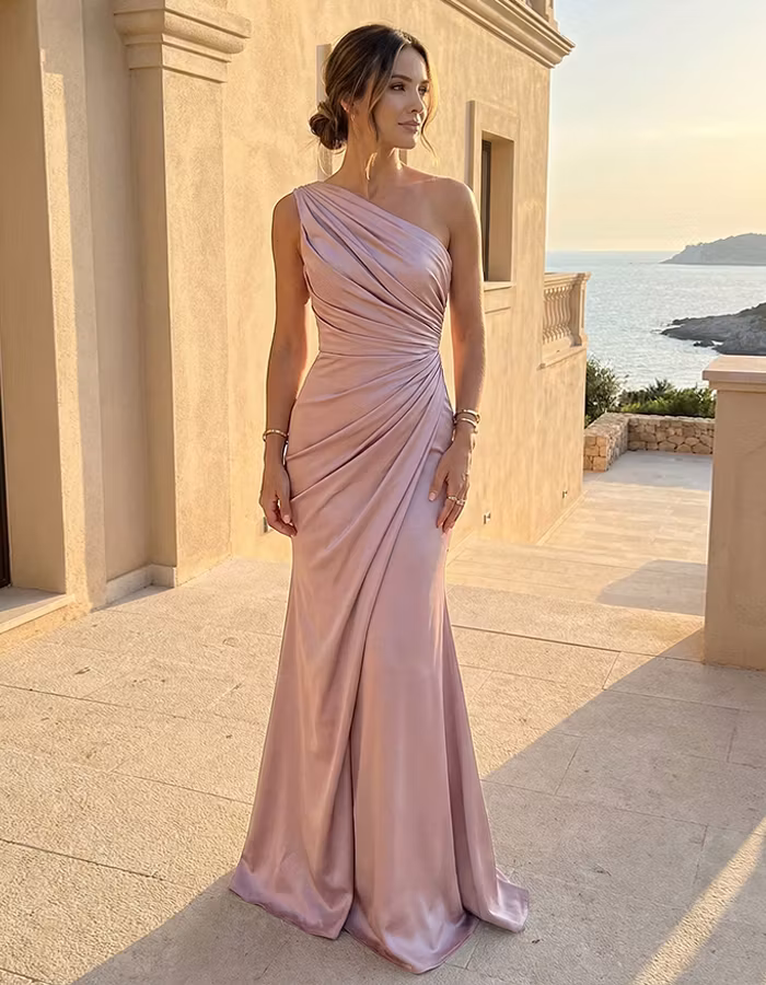 One-shoulder Stretch Satin Pleats Maxi Dress