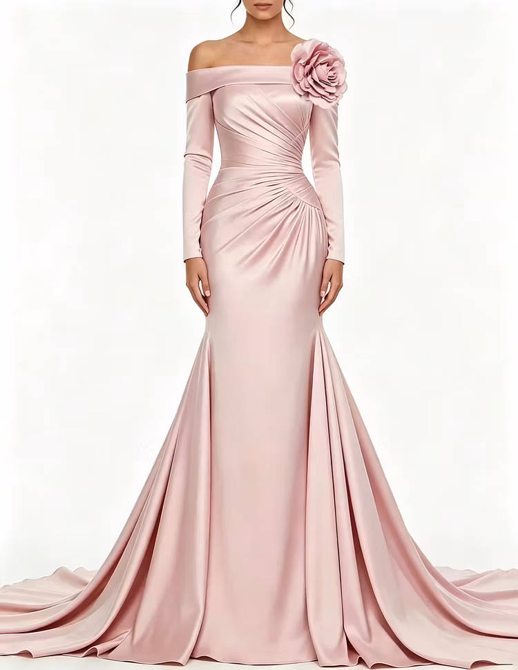 Off The Shoulder Satin Long Sleeve 3D Floral Formal Maxi Dress