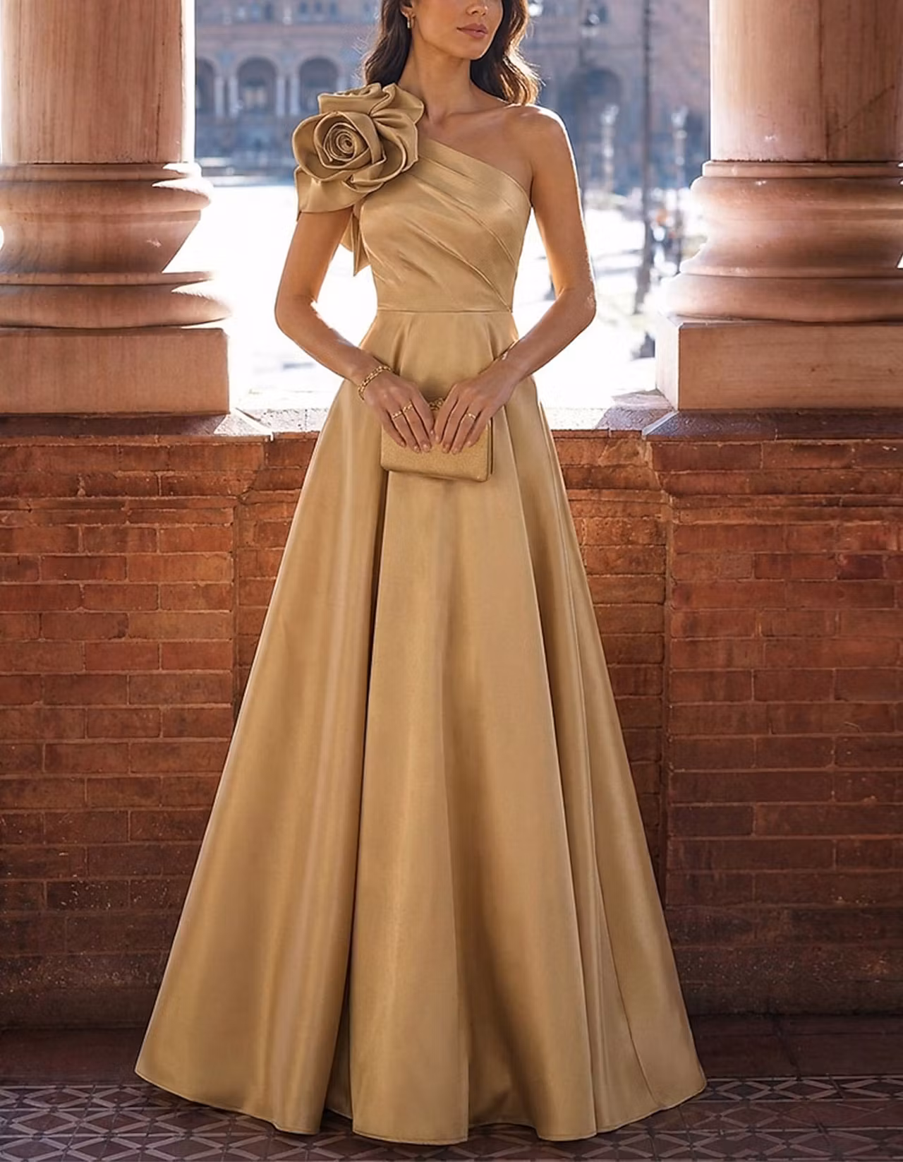 Solid Color Satin One Shoulder Design With 3D Floral Maxi Dress