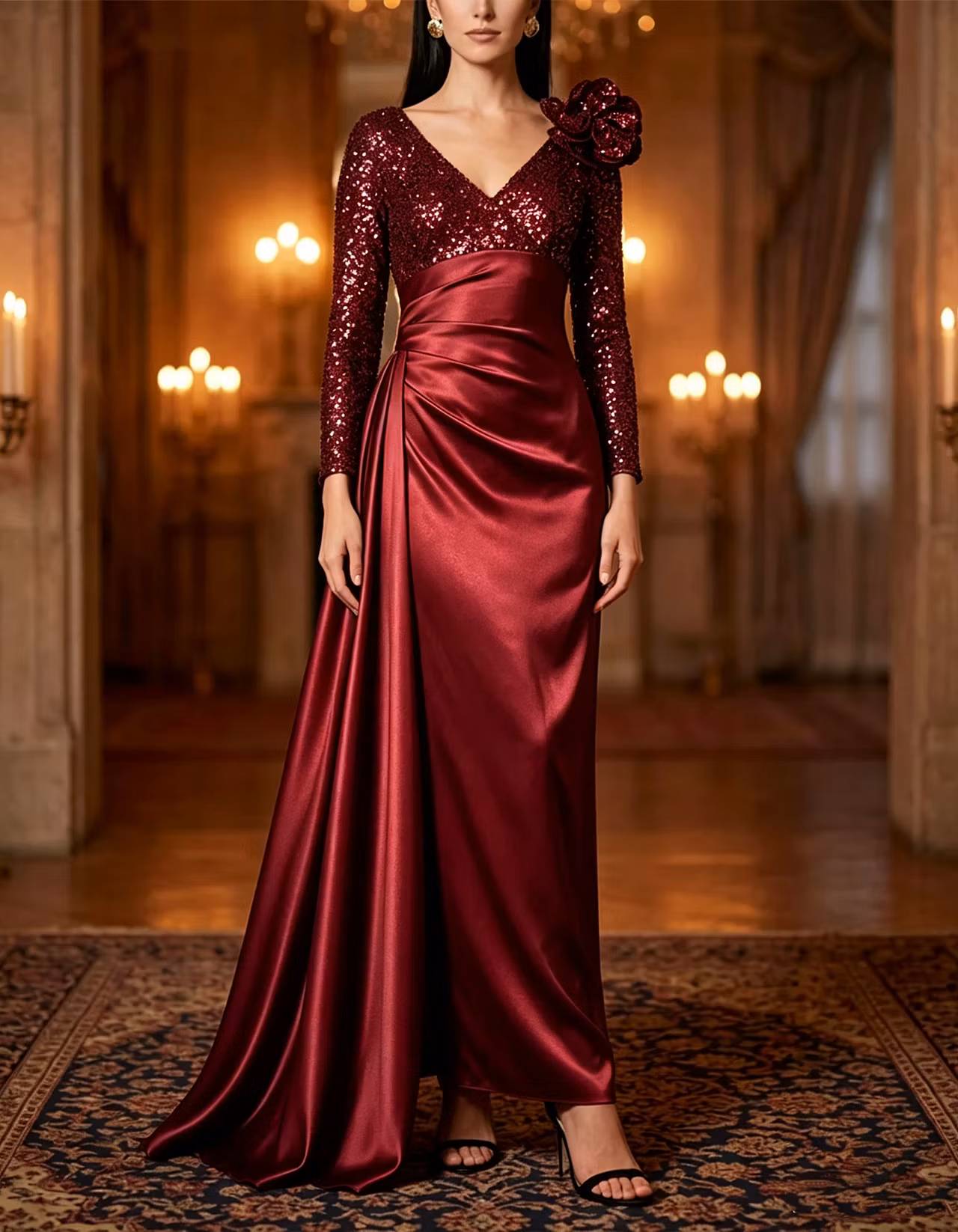 Navy V-Neck Long-Sleeve Sequin-Bodice Satin Maxi Dress