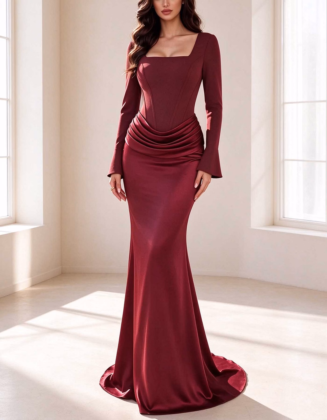 Square Neck Flare Long Sleeve Satin Mermaid Maxi Dress