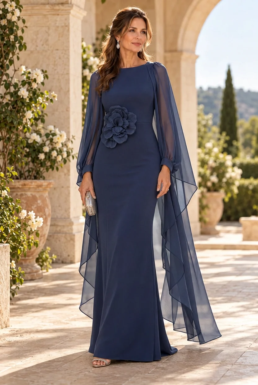 Chiffon Cape Sleeve 3D Floral Mermaid Maxi Dress