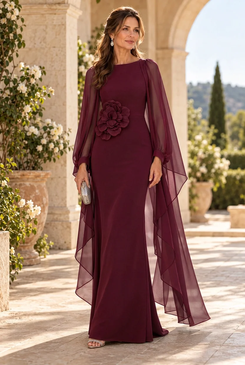 Chiffon Cape Sleeve 3D Floral Mermaid Maxi Dress