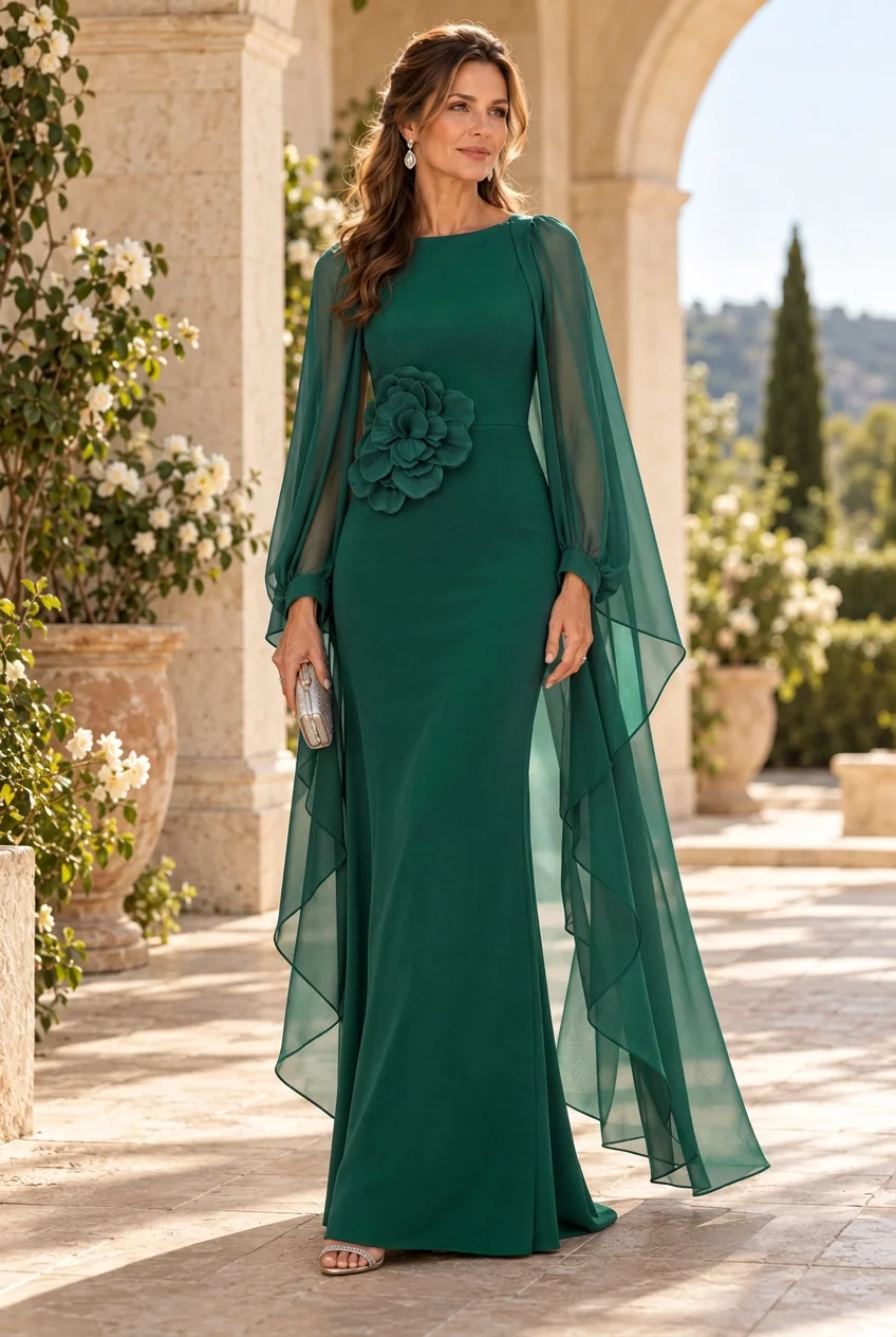 Chiffon Cape Sleeve 3D Floral Mermaid Maxi Dress