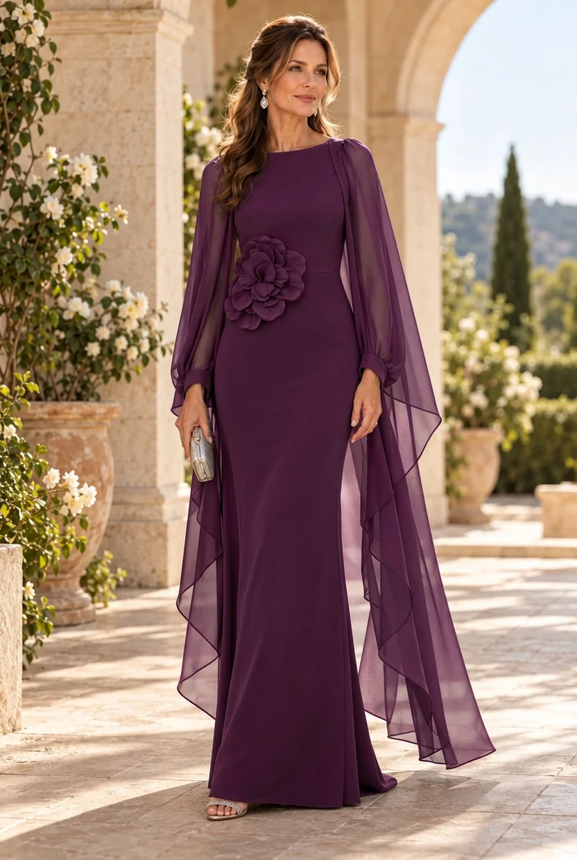 Chiffon Cape Sleeve 3D Floral Mermaid Maxi Dress