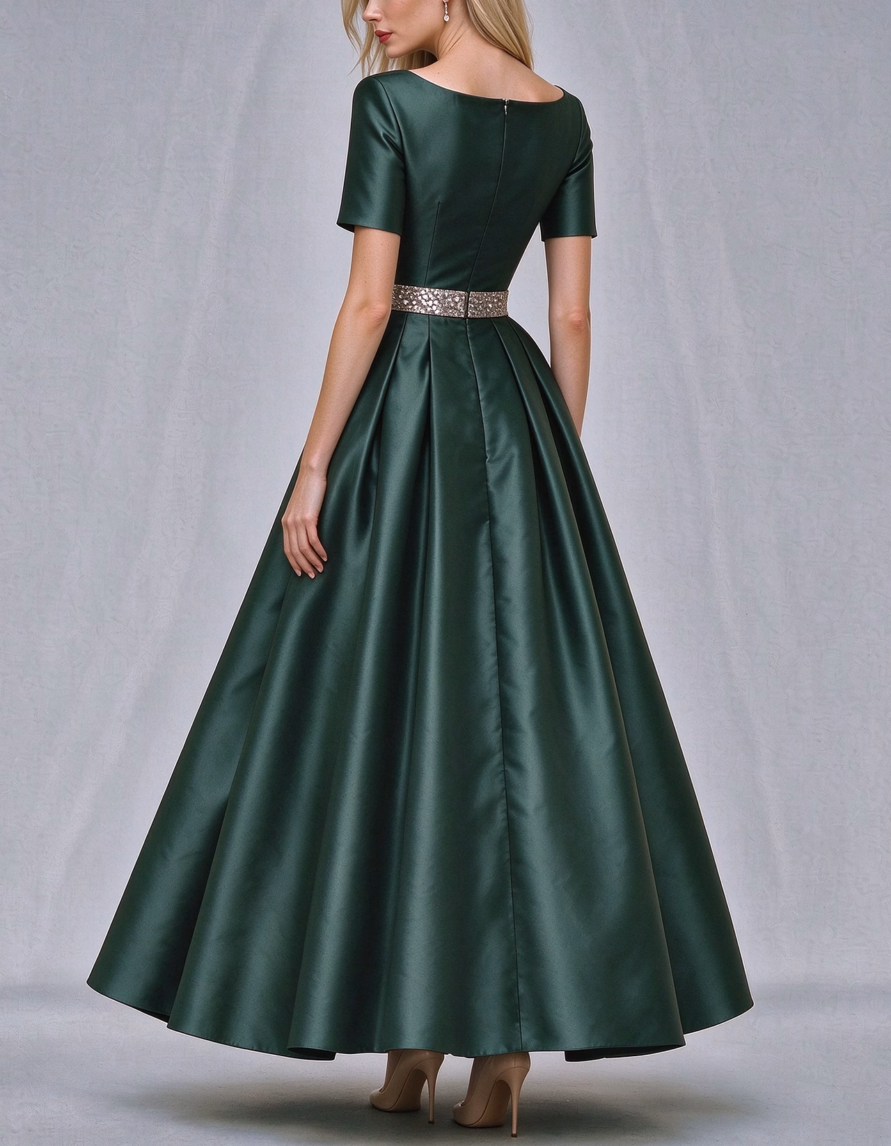 Boat Neck Short Sleeve Satin Maxi Dress