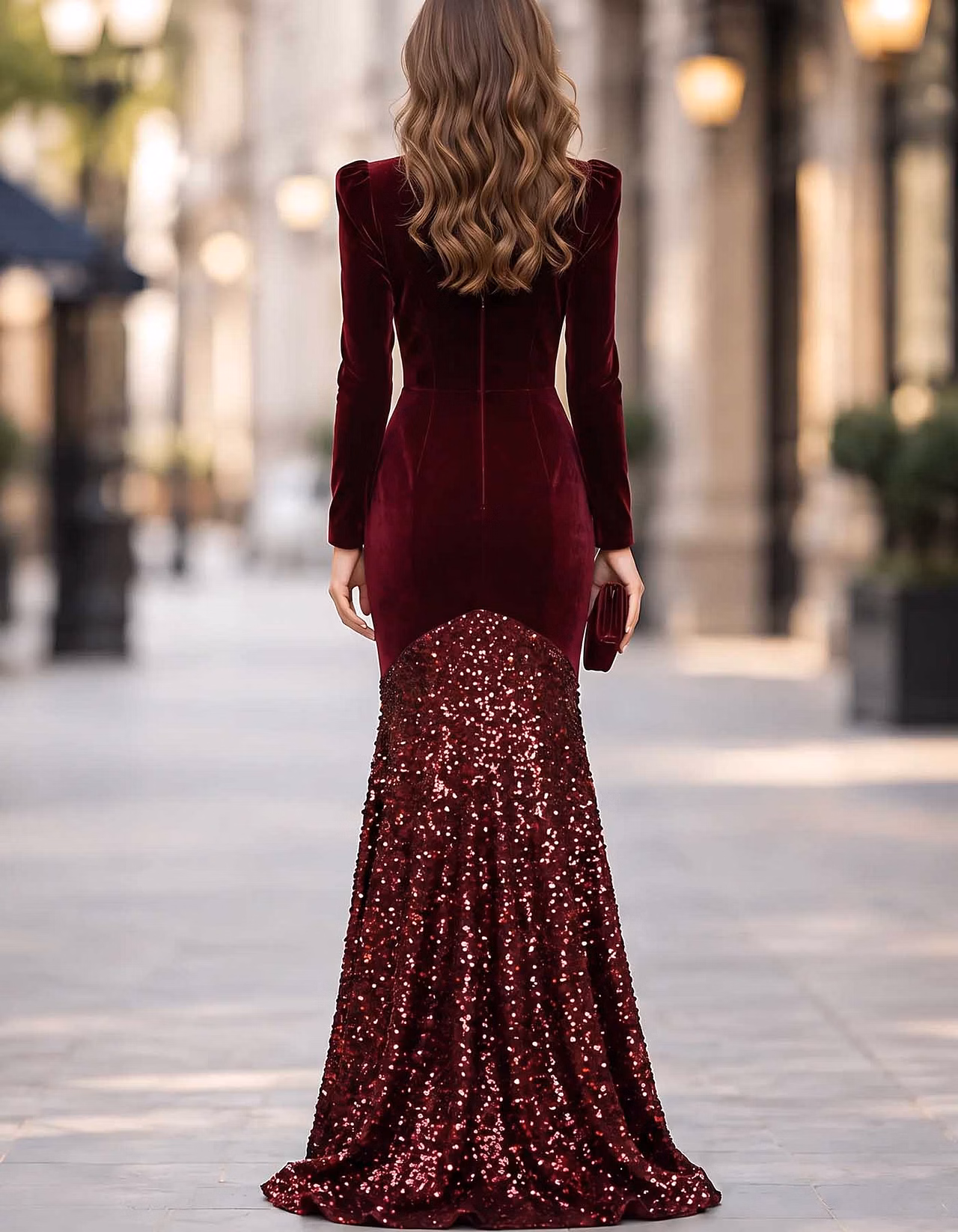 Burgundy Ruffle Mesh Panel Velvet Long Sleeve Sequin Maxi Dress