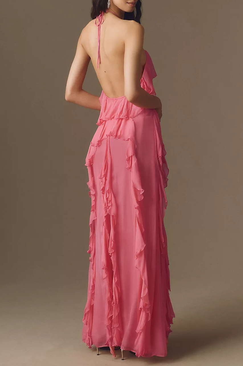 Pink Tiered Ruffle Chiffon A-Line Maxi Dress for Summer