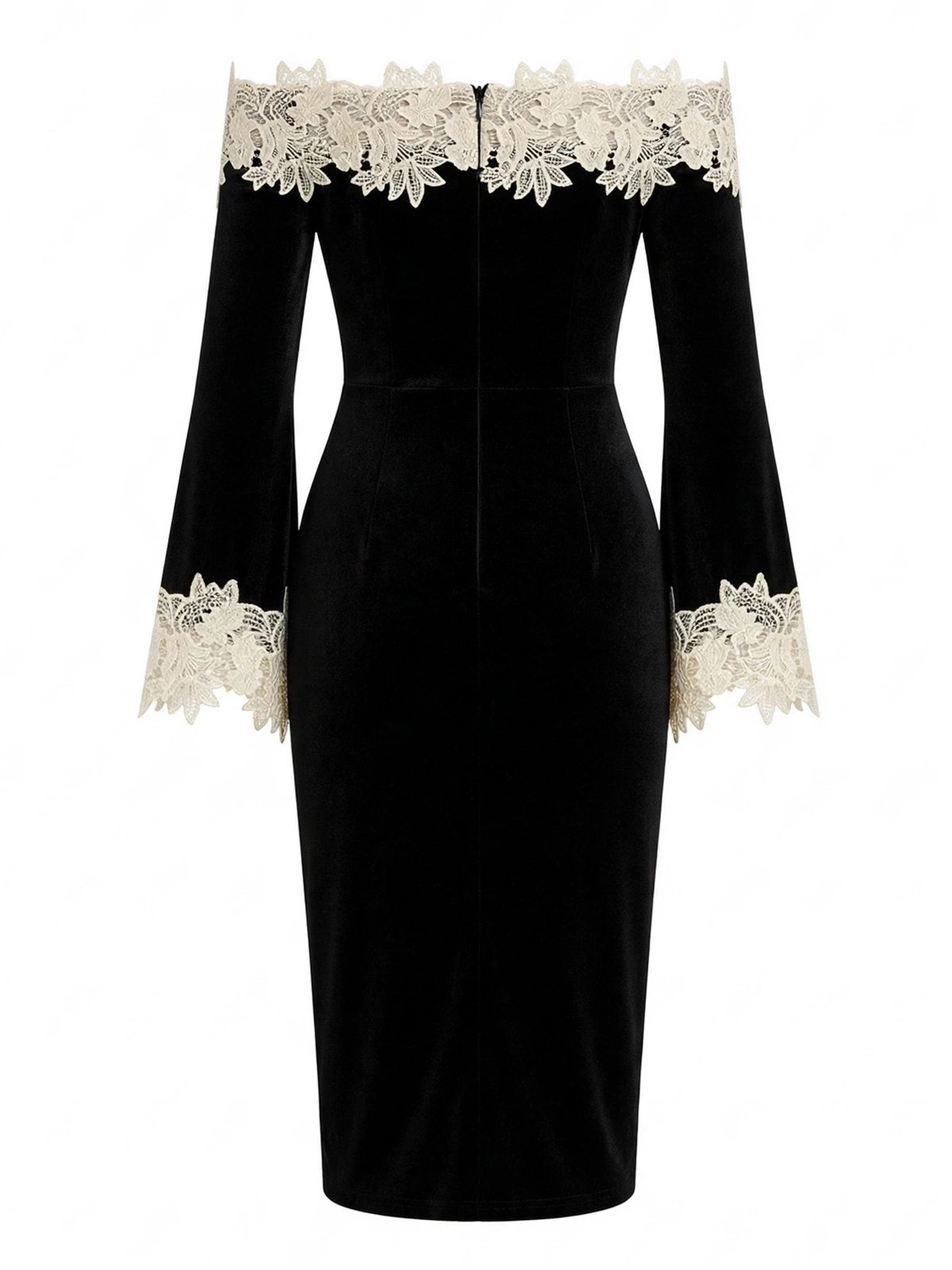 Black Lace Velvet Off The Shoulder Long Sleeve Sheath Midi Dress