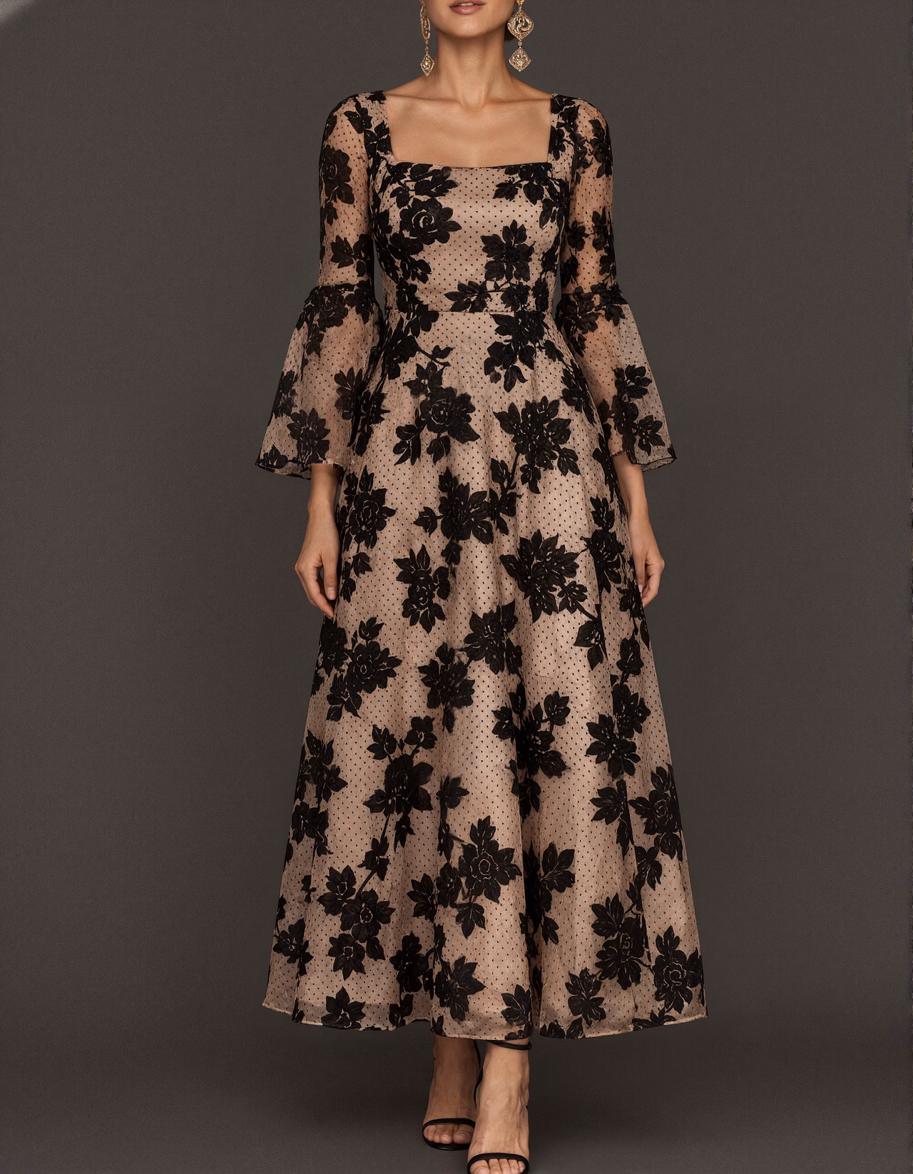 Black Flocked Floral Lace Midi Dress