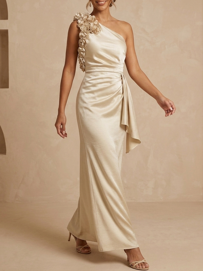 One-Shoulder 3D Floral Satin Mother of the Bride Dress - Elegant Maxi Evening Gown