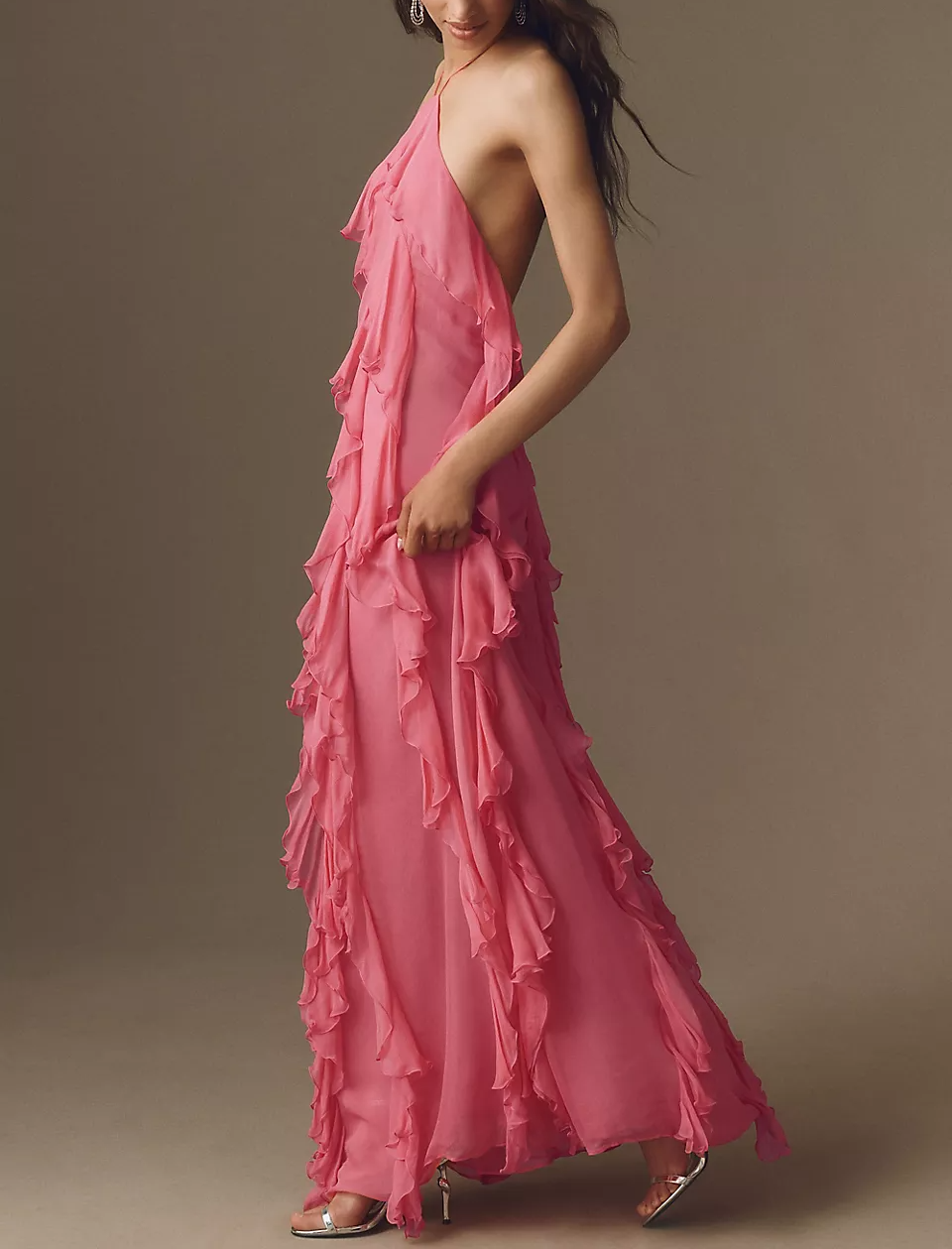 Pink Tiered Ruffle Chiffon A-Line Maxi Dress for Summer