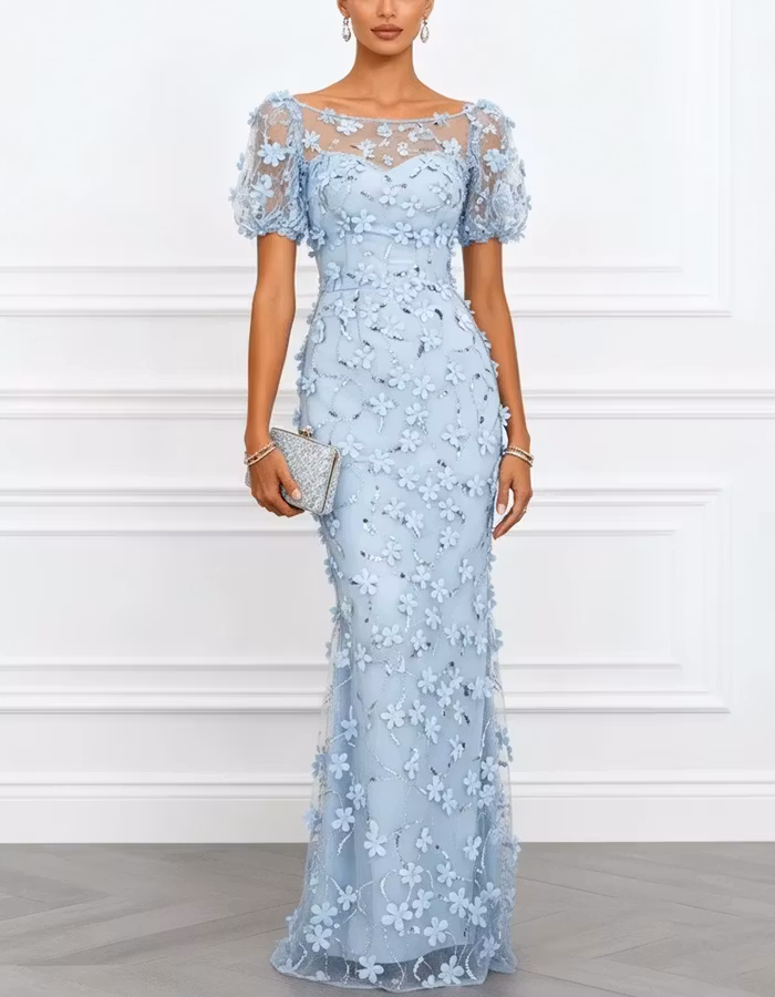 Light Blue 3D Floral Mesh Mermaid Maxi Dress