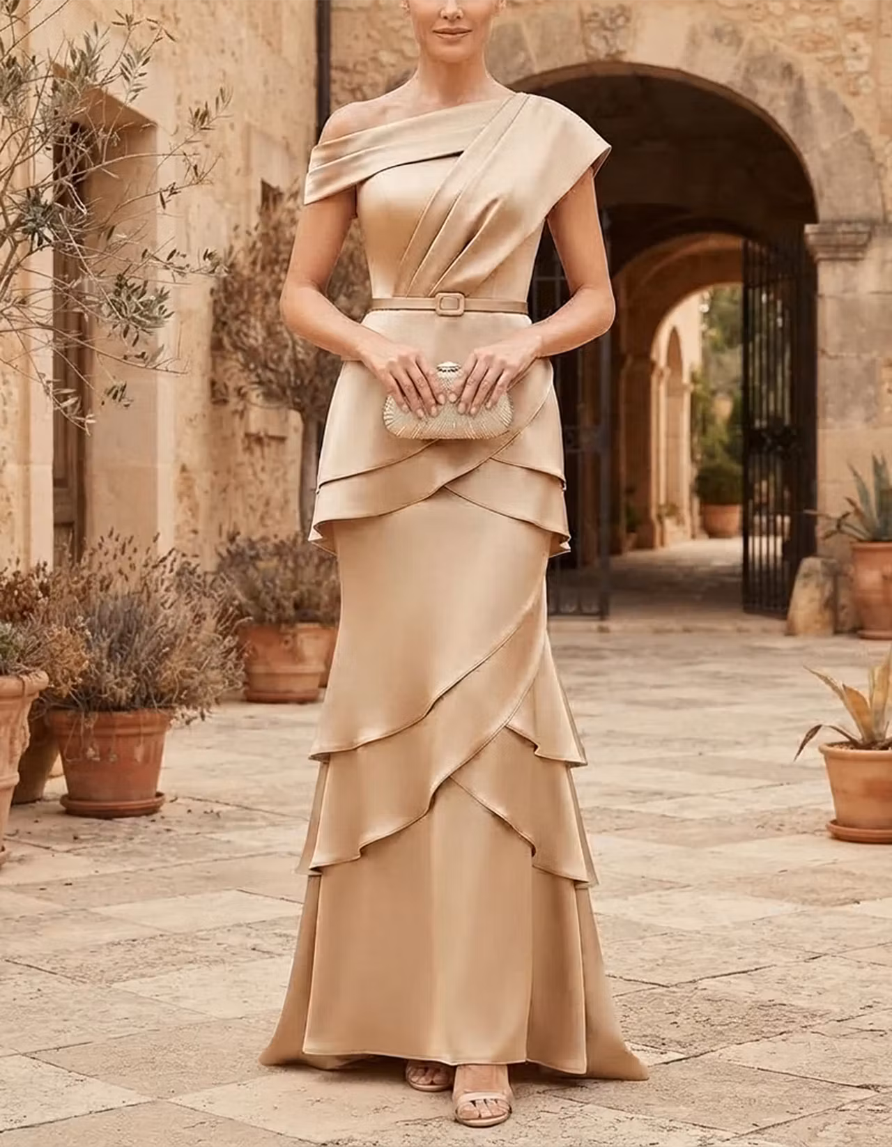 Champagne Asymmetric Off-the-Shoulder Satin Mermaid Maxi Dress