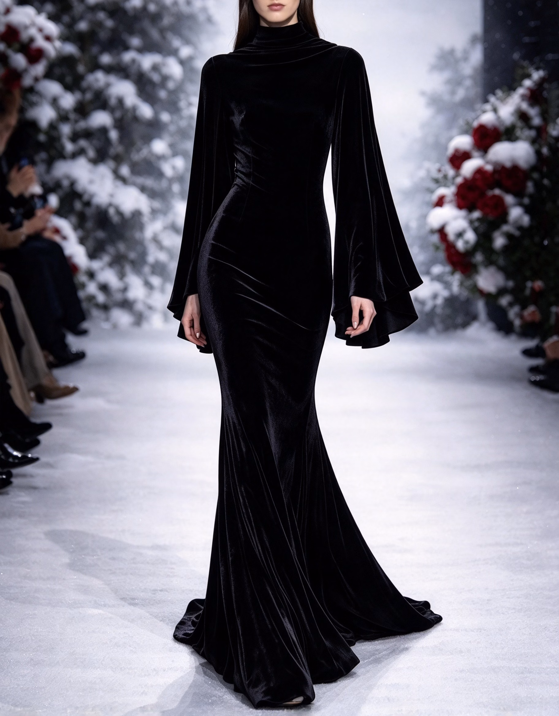 High Neck Bell Sleeve Velvet Mermaid Evening Maxi Dress