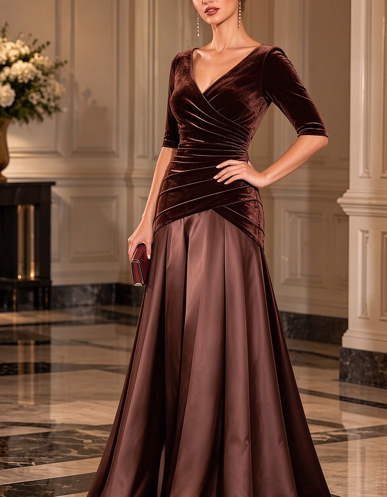 Velvet Satin Mix V-Neck Maxi Dress