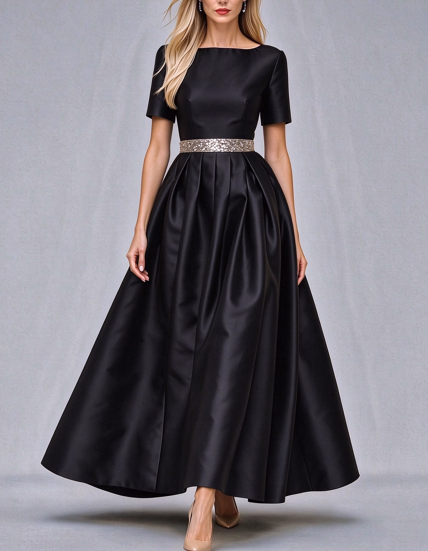 Boat Neck Short Sleeve Satin Maxi Dress
