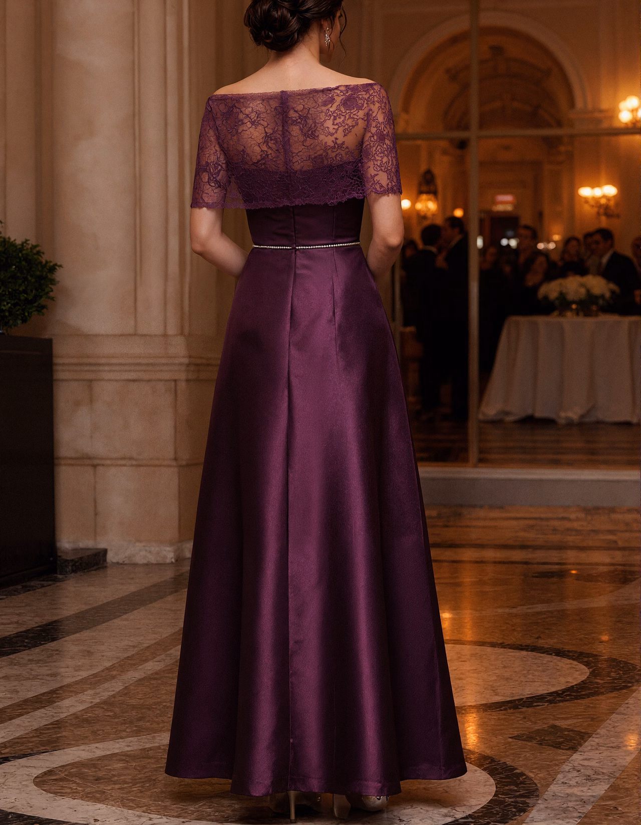 Purple Off The Shoulder Satin With Lace Paneling Maxi Dress