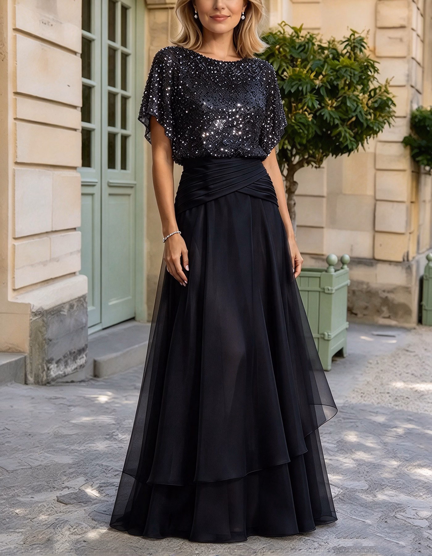 Champagne Short-Sleeve Beaded Tulle & Chiffon Maxi Dress
