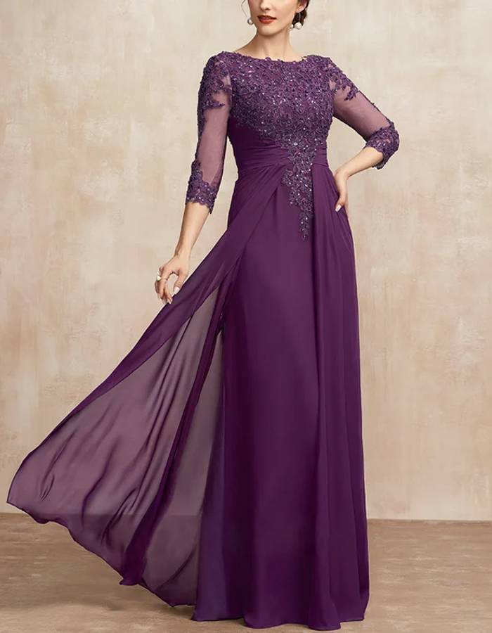 Round Neck Lace Solid Color Sequins Maxi Dress