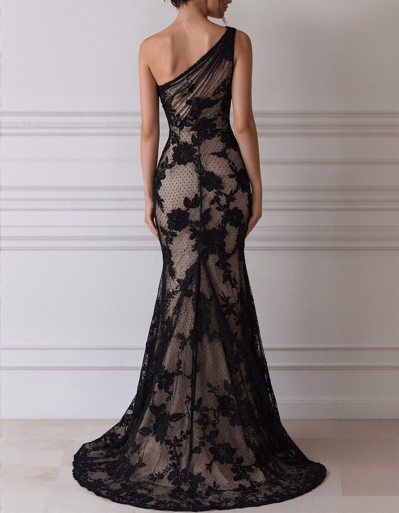 Black Lace One Shoulder Mermaid Style Maxi Dress