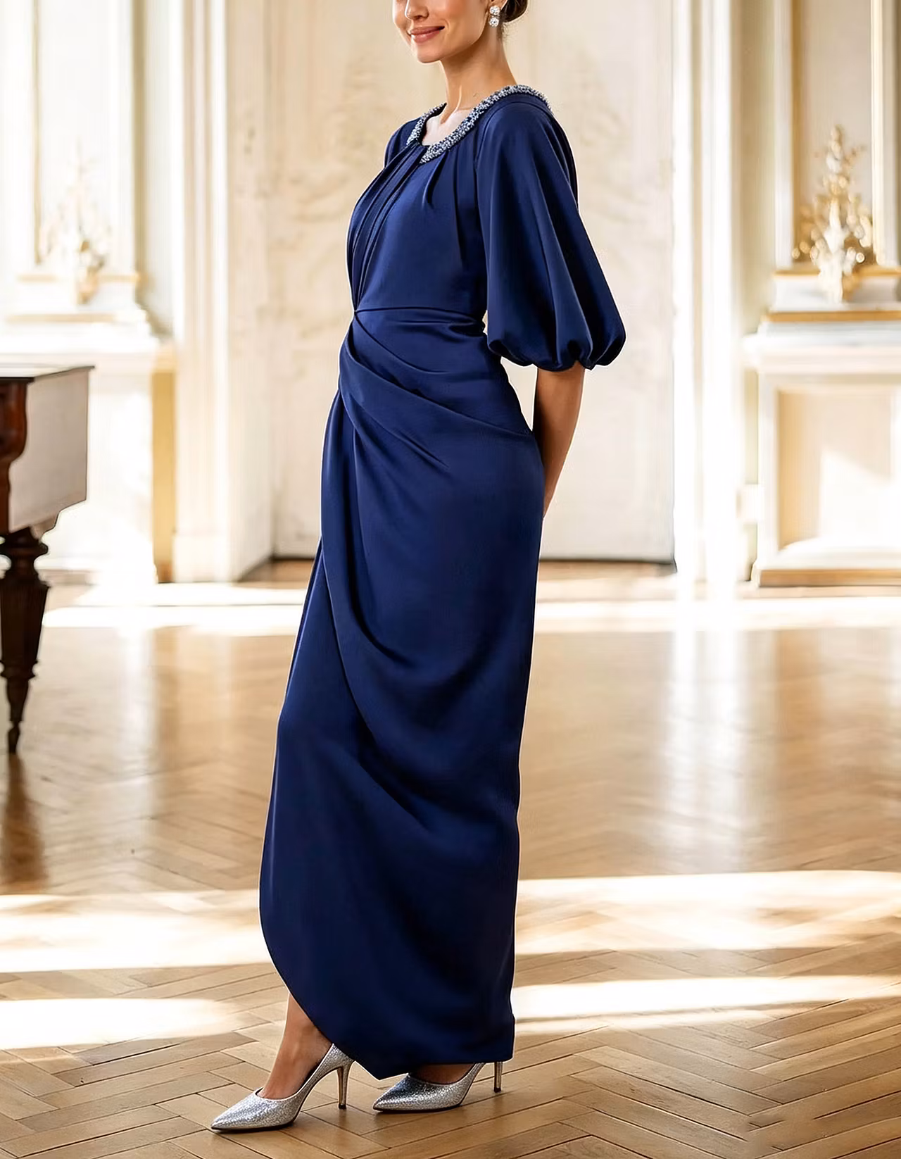 Deep Royal Blue Satin Sequined Crew Neck Midi Dress