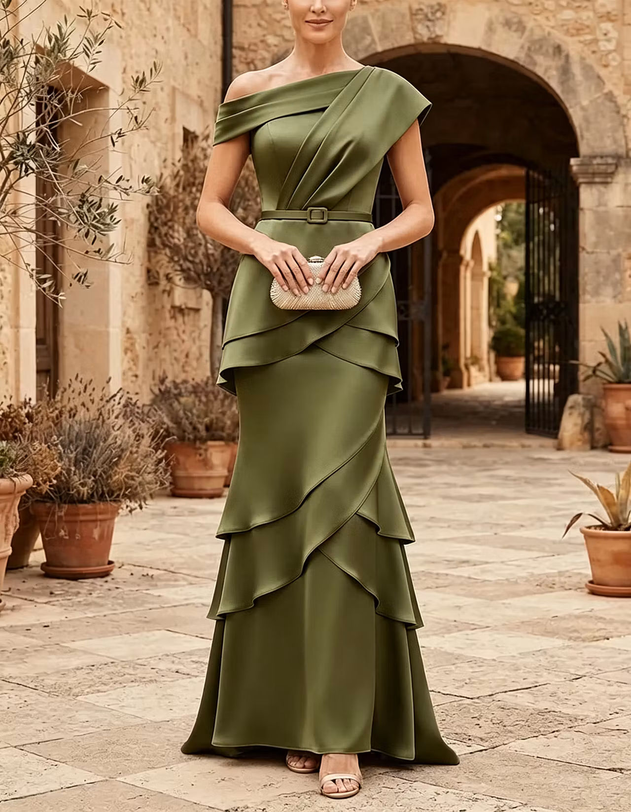 Champagne Asymmetric Off-the-Shoulder Satin Mermaid Maxi Dress