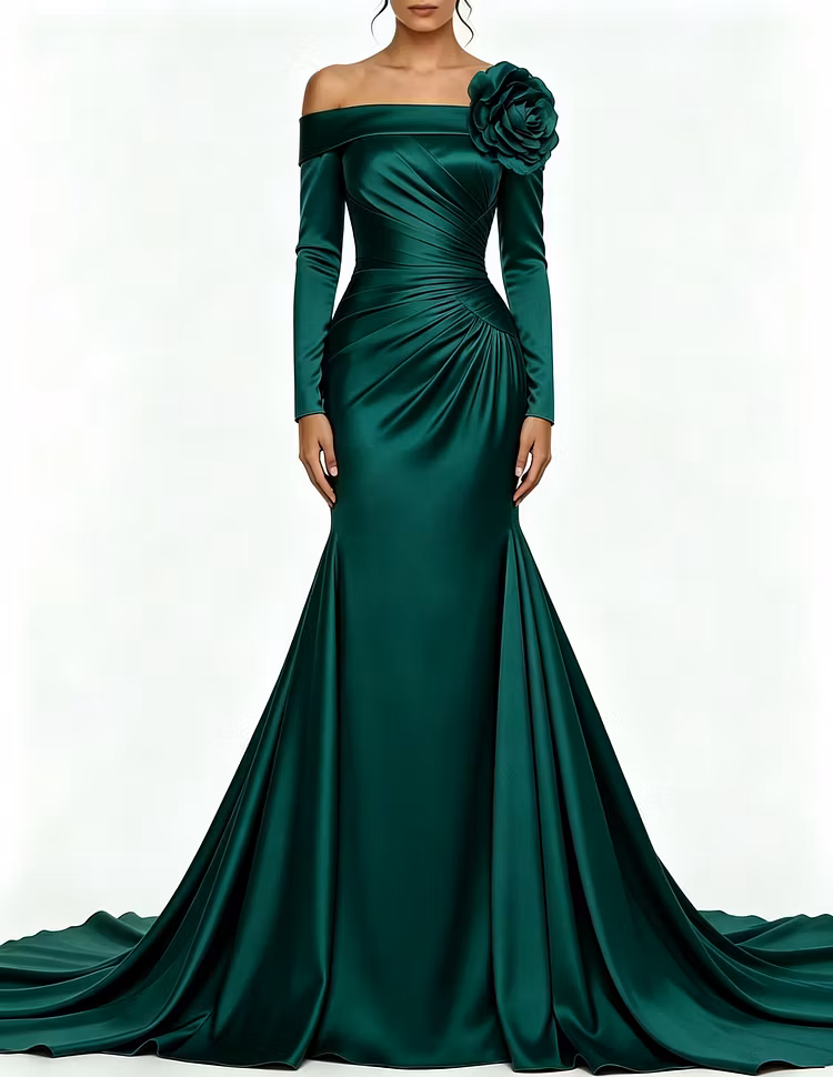 Off The Shoulder Satin Long Sleeve 3D Floral Formal Maxi Dress