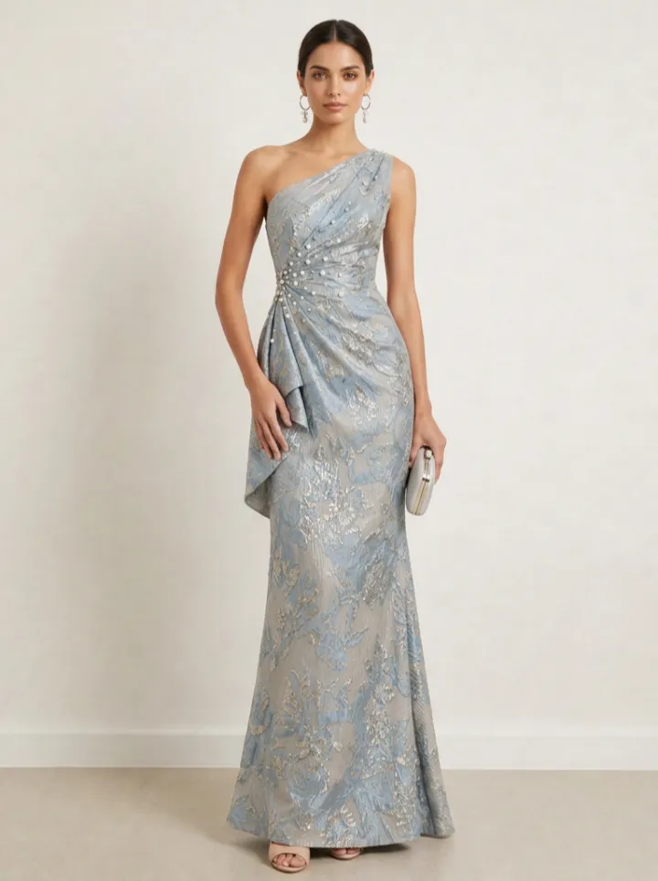 One-Shoulder Floral Jacquard Gown with Pearl Waist Detailing Evening Dresses