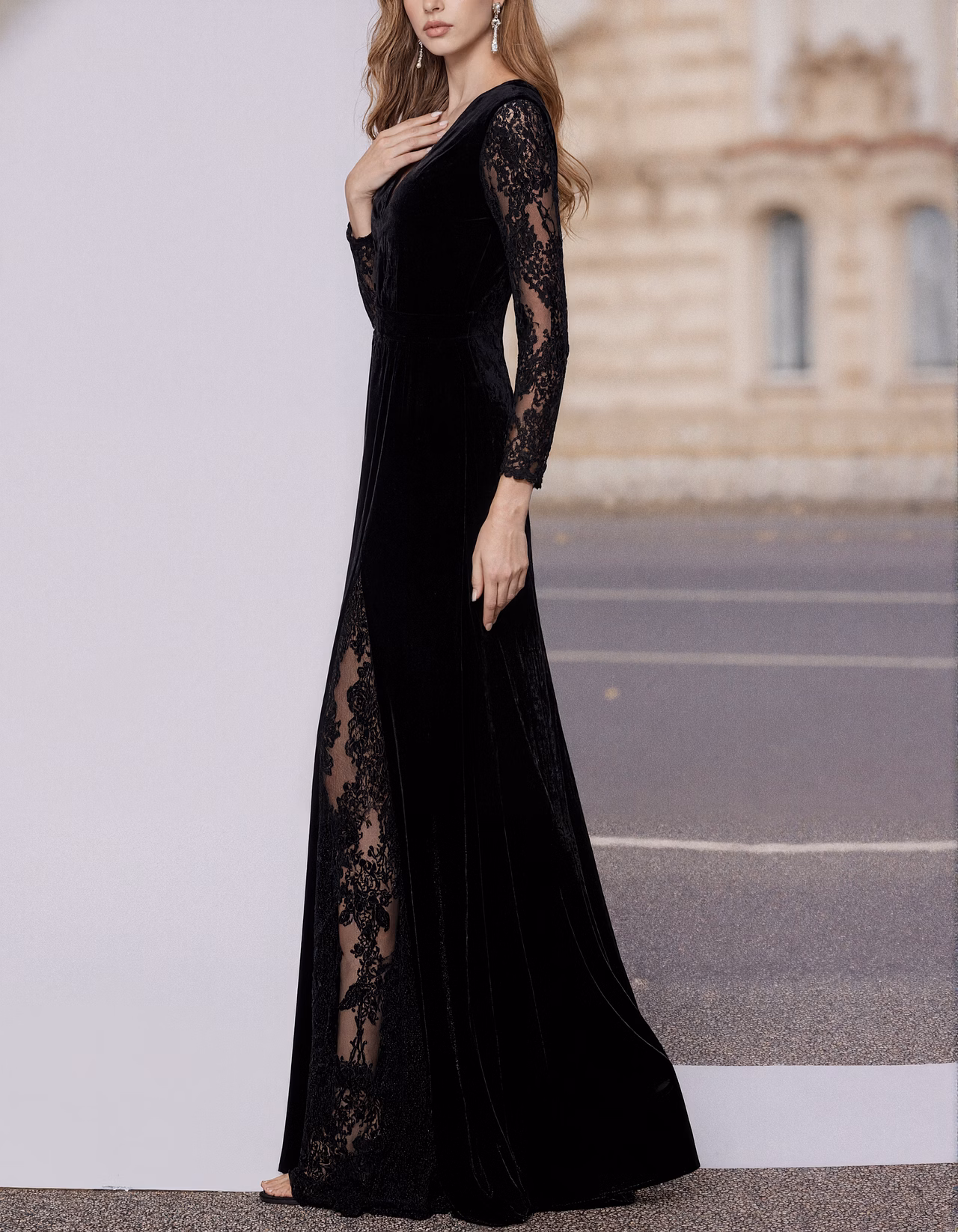 Black Velvet And Lace Long Sleeve Maxi Dress