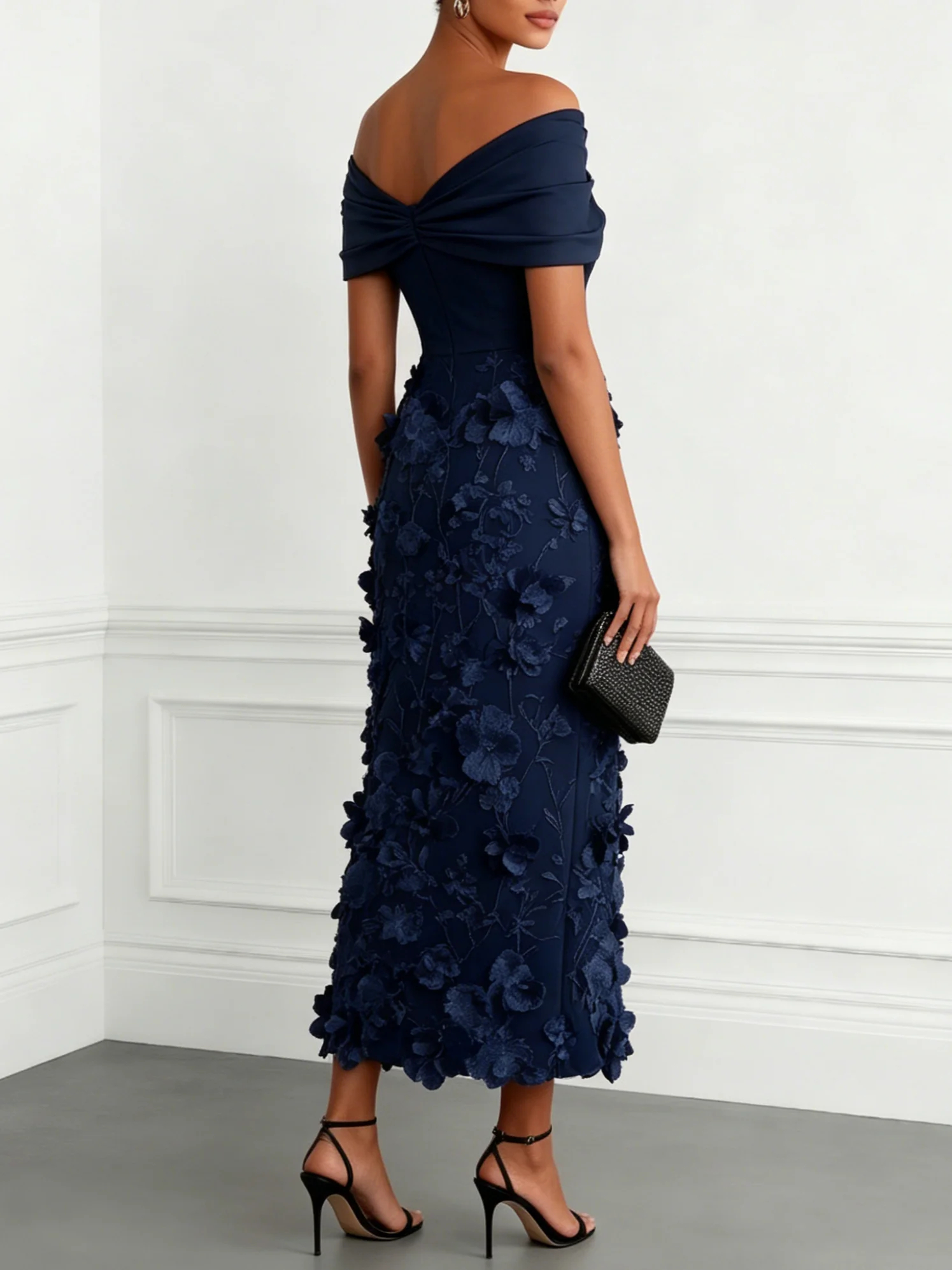 Navy Blue 3D Floral Applique Classic Off The Shoulder Short Sleeve Sheath Midi Dress