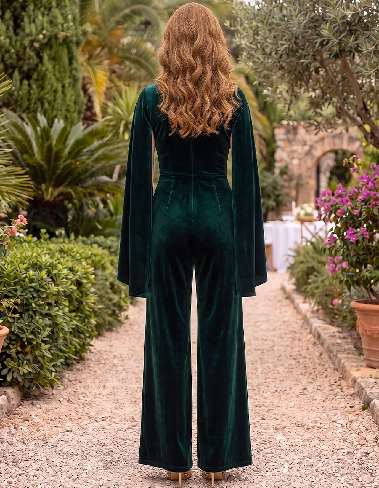 Velvet V-Neck Cape Sleeve Wide Leg Jumpsuit