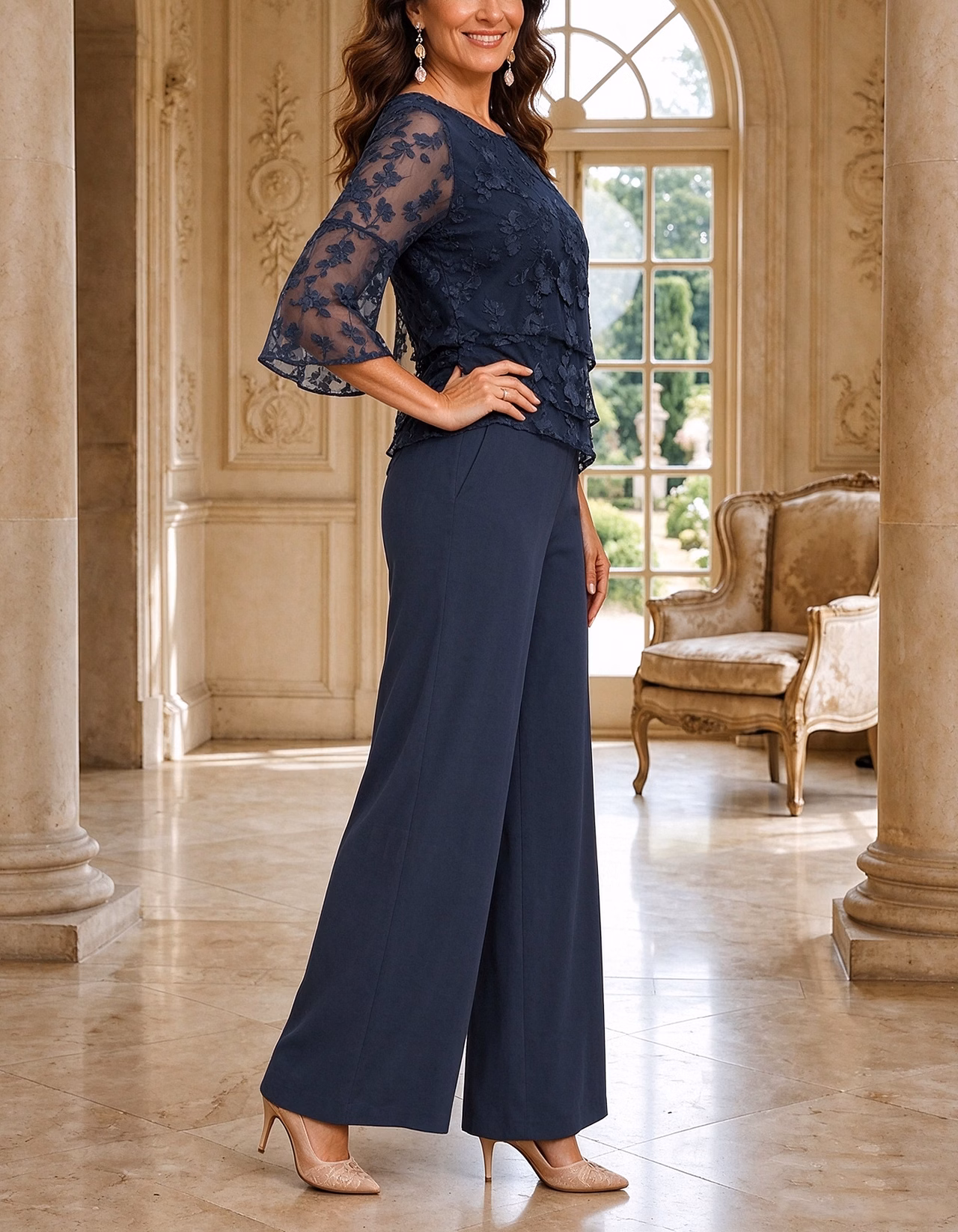 Navy Blue Lace And Chiffon Jumpsuit